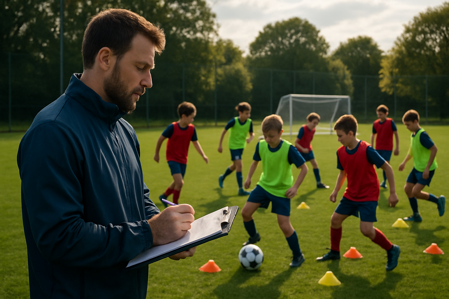 Coach observing and taking notes during a youth grassroots football training session with children practicing technical drills
