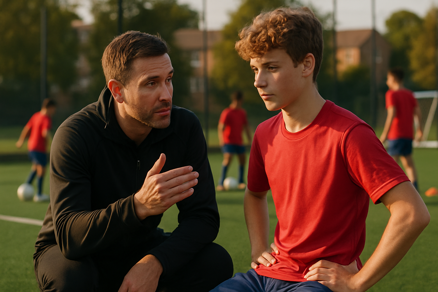 Coach giving individual feedback to a teenage player during grassroots football training