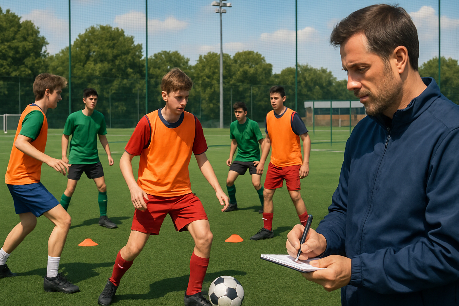 Youth football players engaged in a structured training drill with coach observing