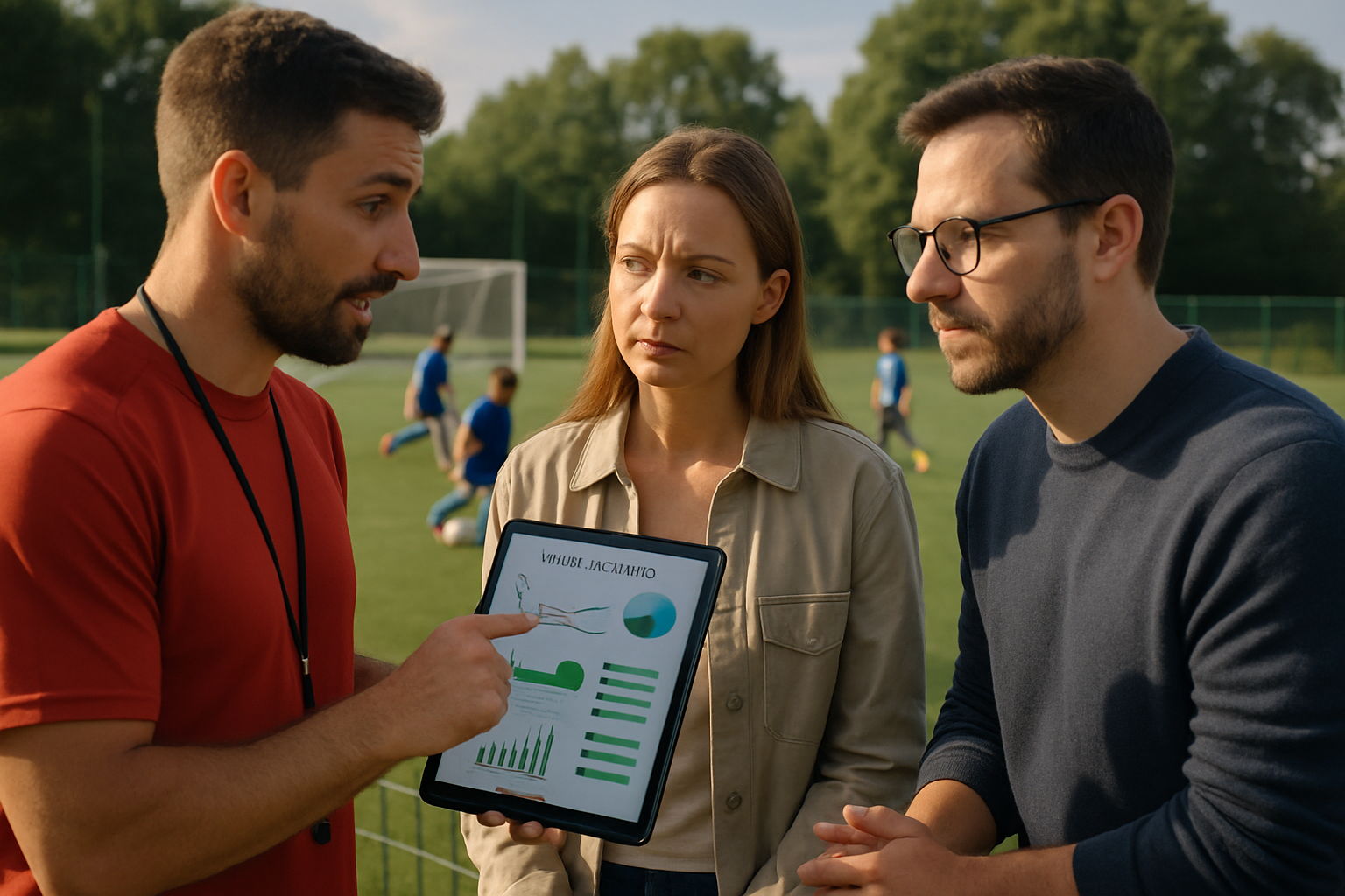 Coach explaining digital player progress report to a group of parents at a grassroots sports academy