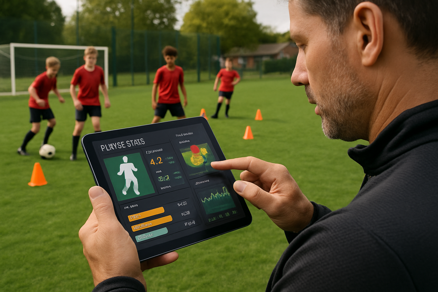 Coach reviewing player assessment data on a tablet during a youth football training session