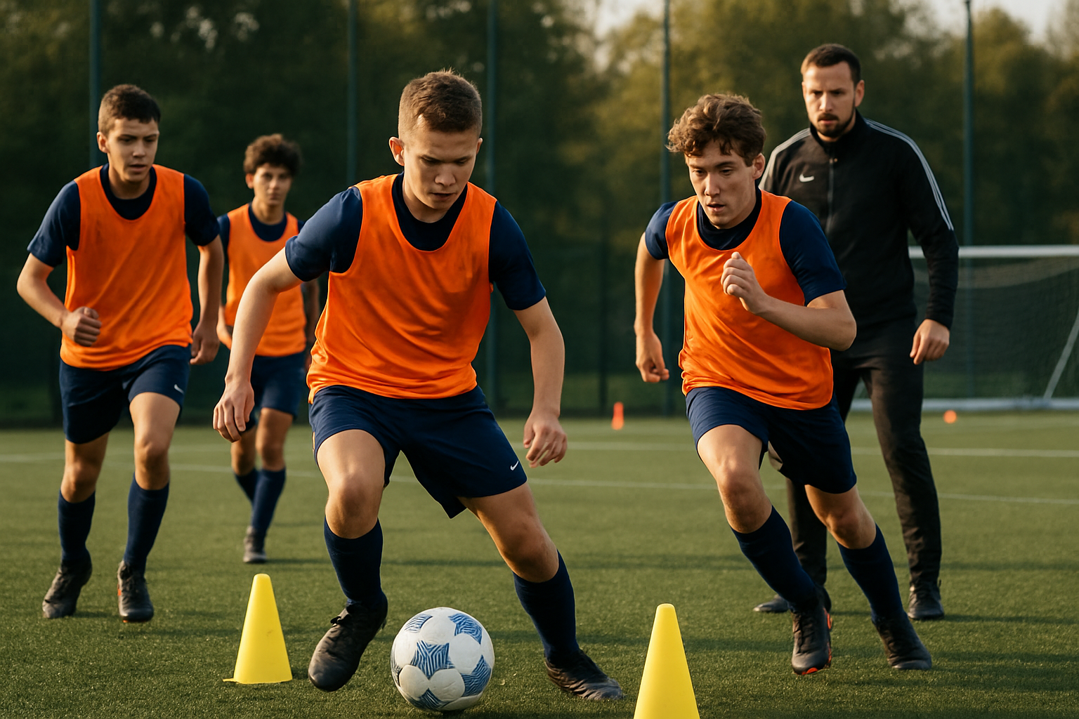 youth football players training under pressure in a structured session