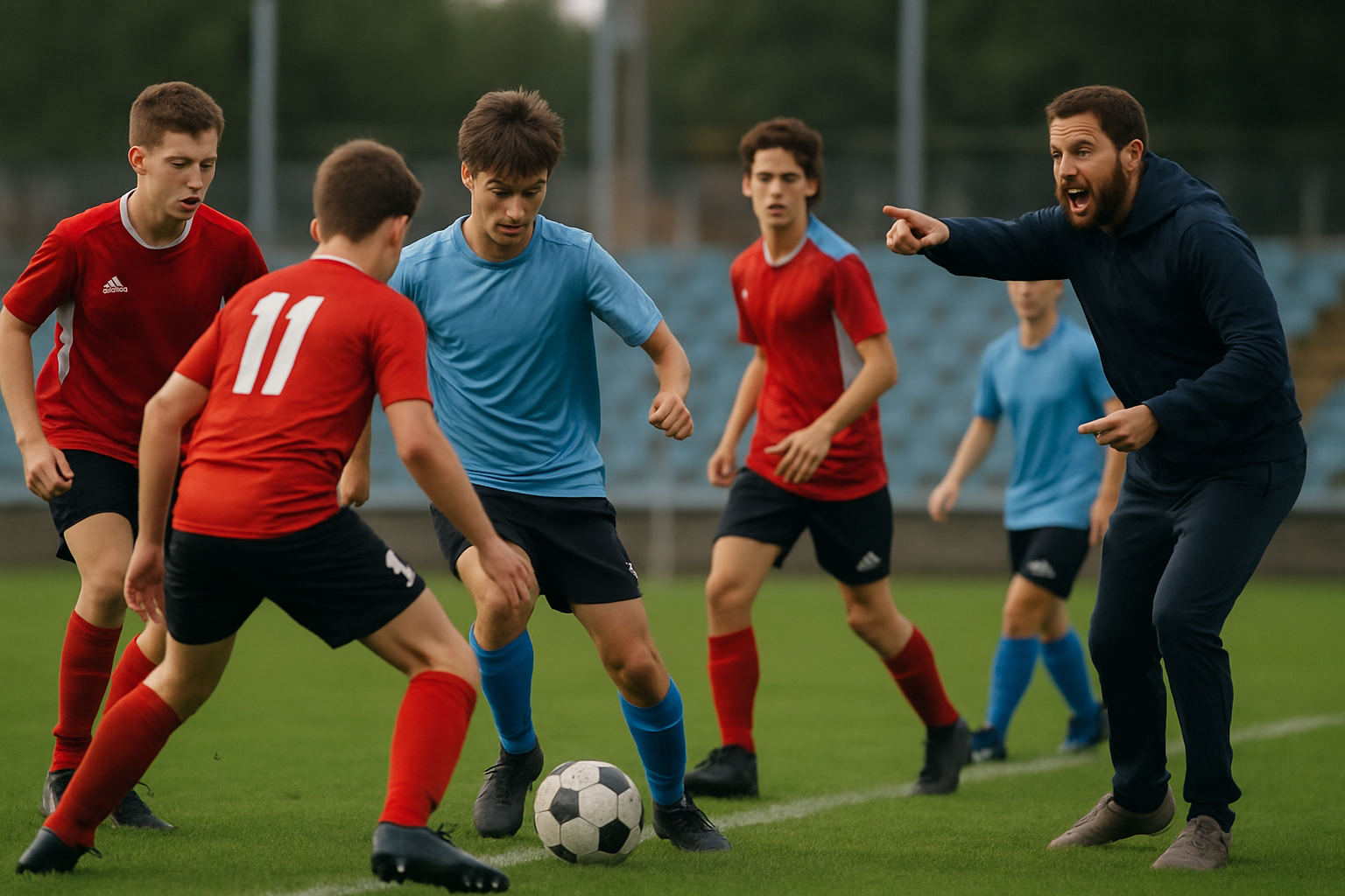 coach directing youth players in small-sided match drill simulating game pressure