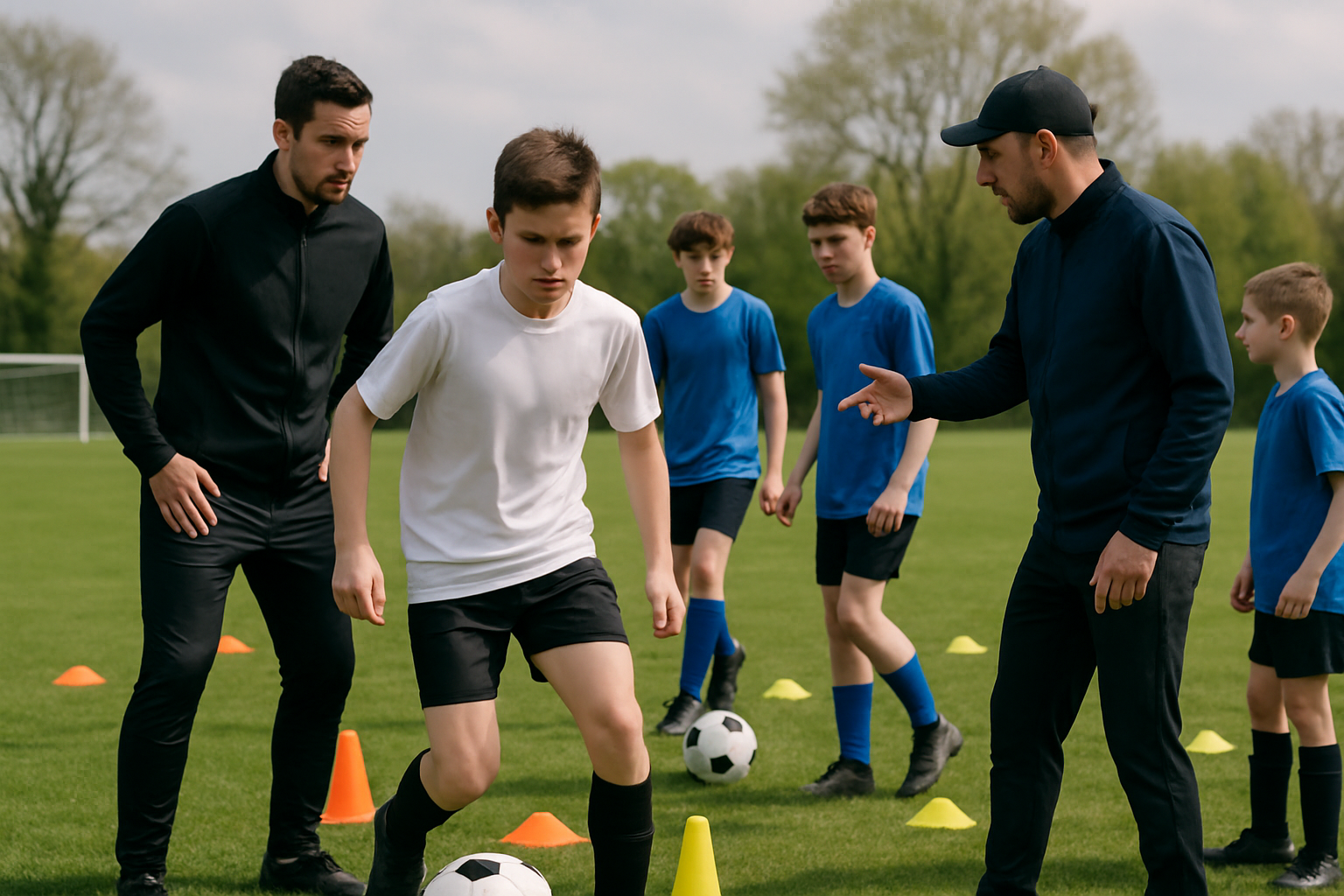 youth football coaches leading a well-structured training session at a grassroots academy