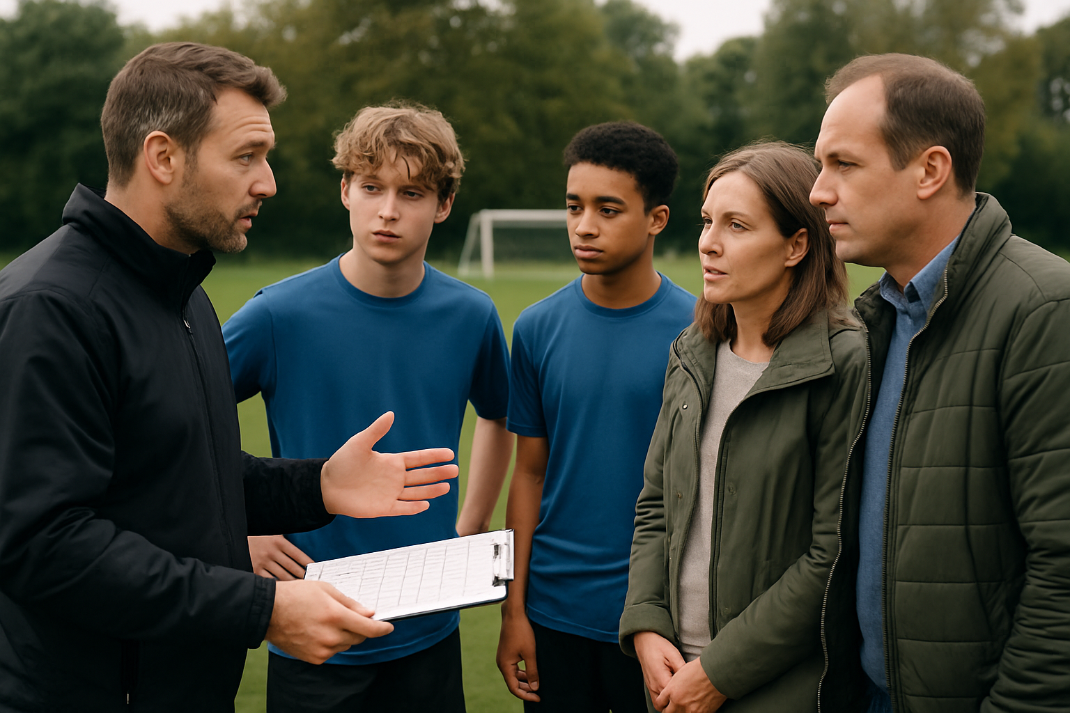 coach reviewing player development progress with parents and youth players in an academy setting