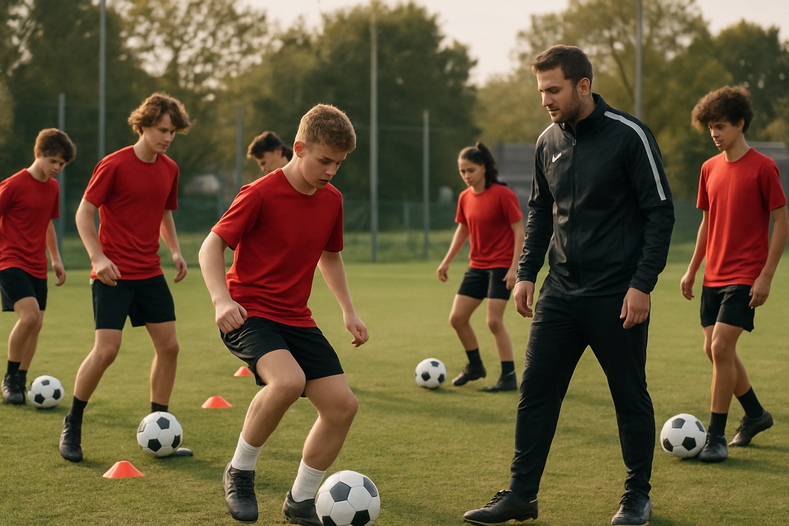Youth football players training under coach supervision in a local grassroots academy environment