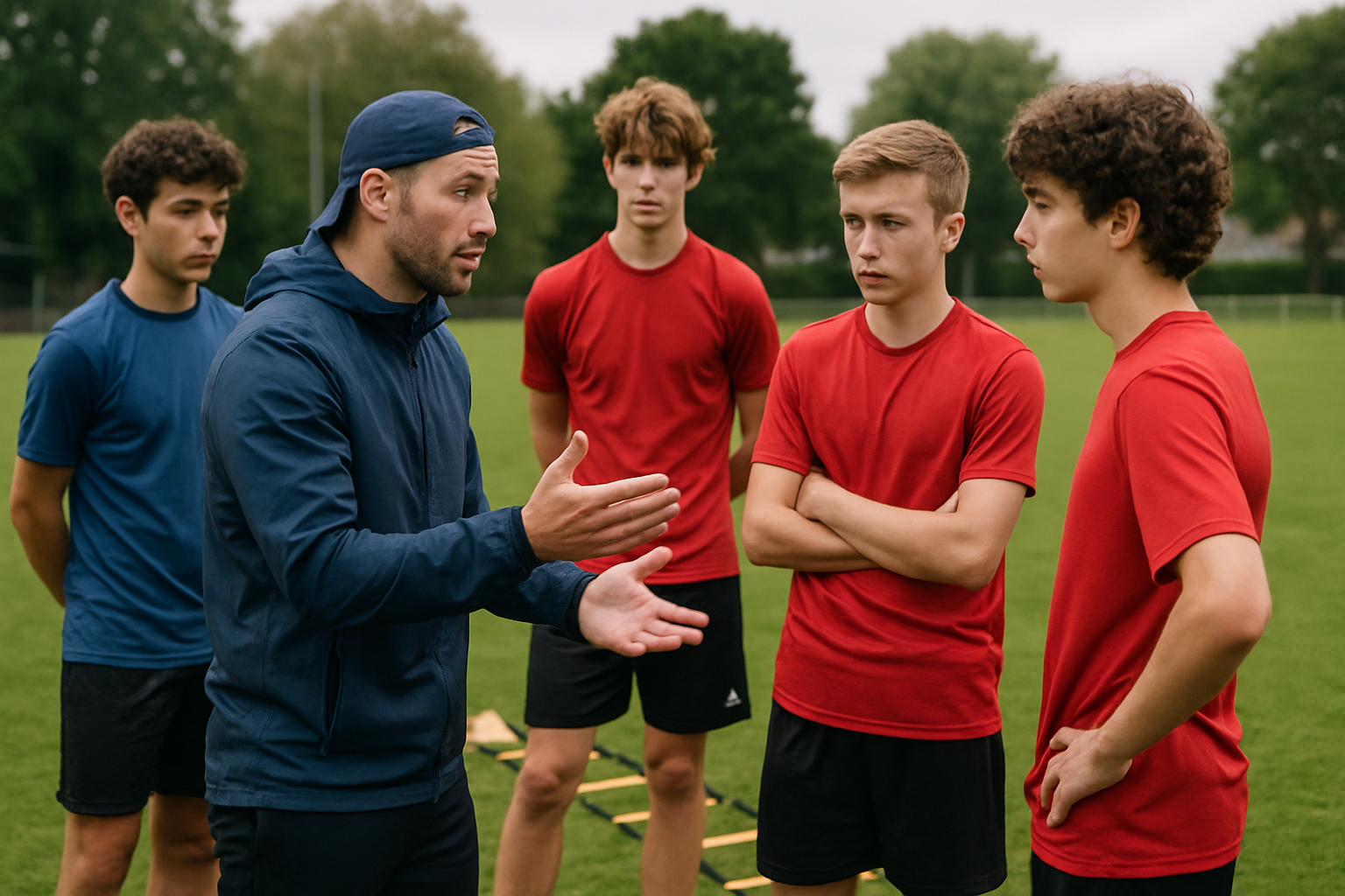 Coach providing feedback to youth football players during a structured fitness and technical drill session