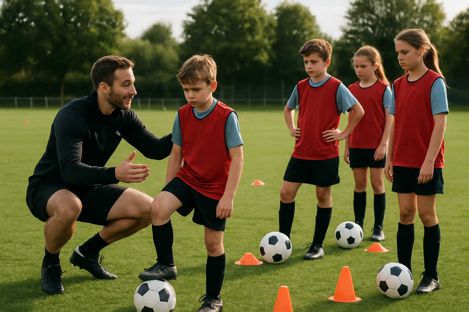 youth football coach supporting players during a practice session