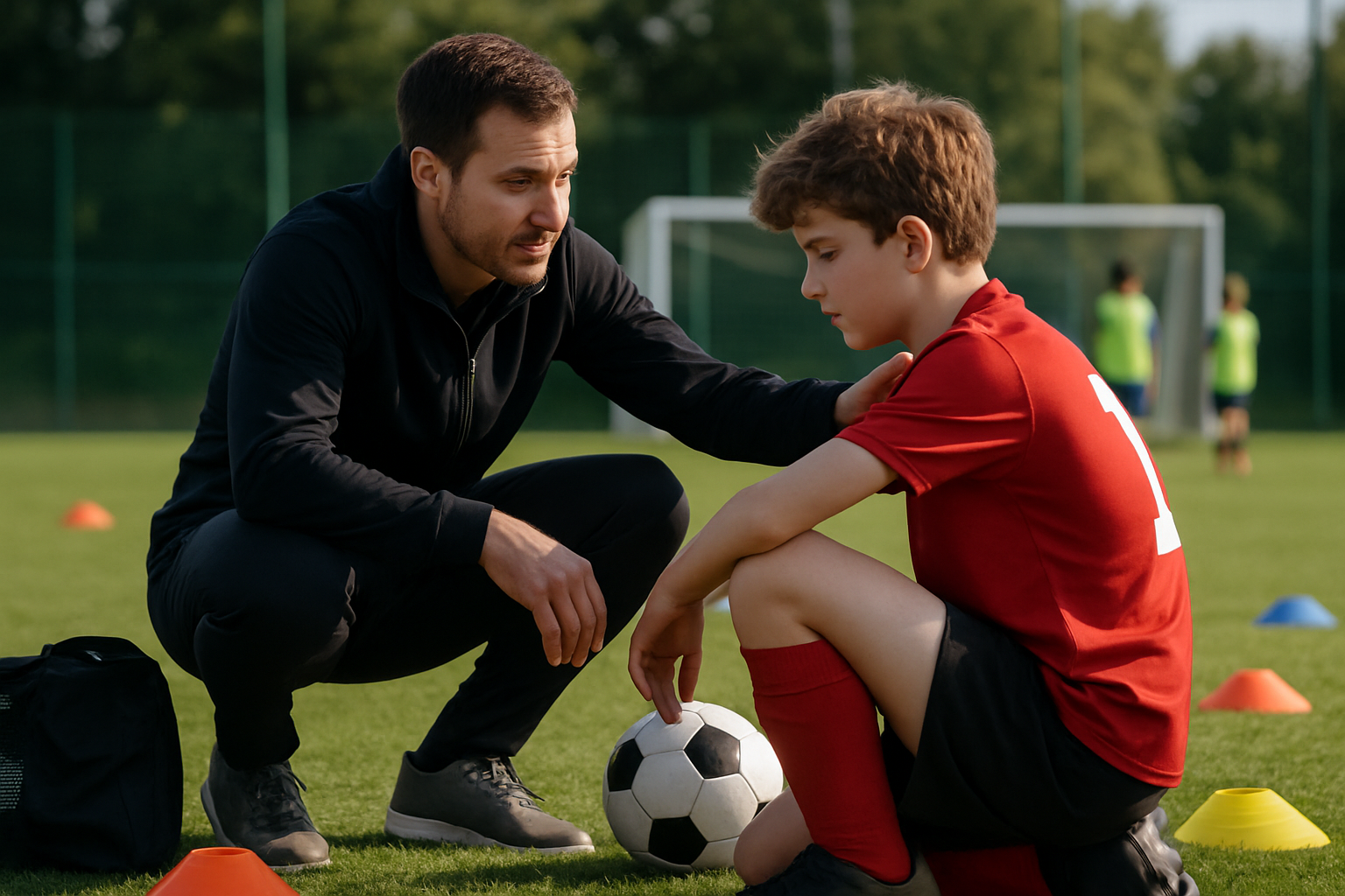 coach giving feedback to young footballer during a recovery drill