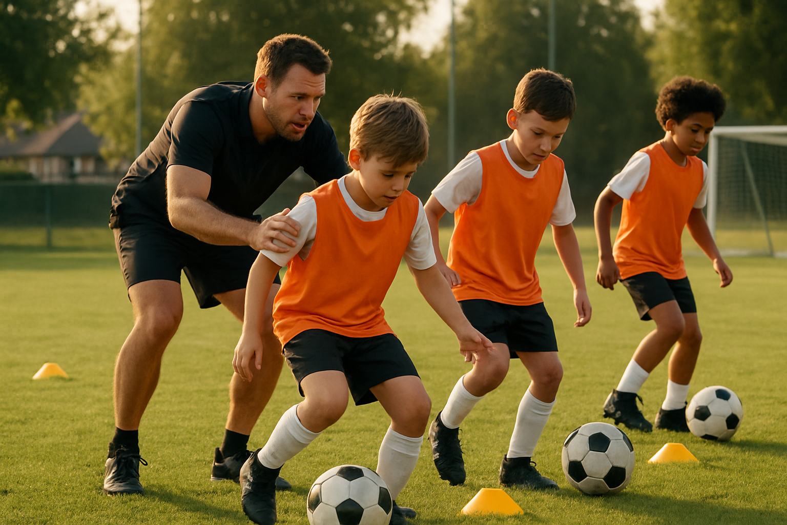 Youth football players training technique with coach on local pitch