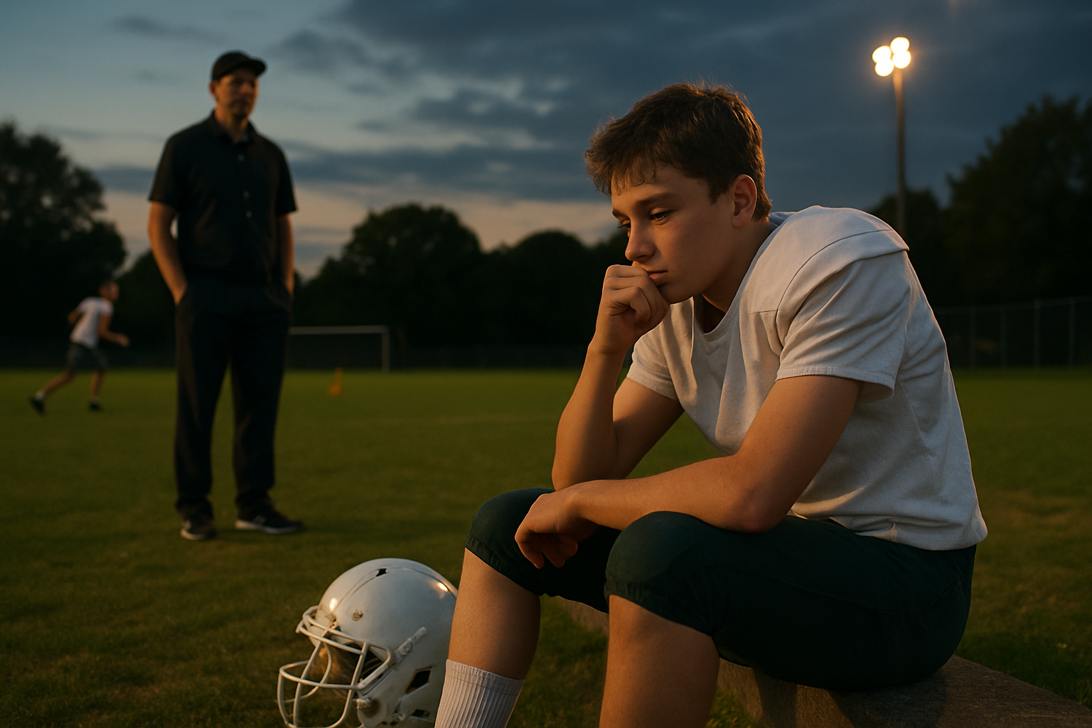 Young footballer reflecting after training to overcome skill plateau