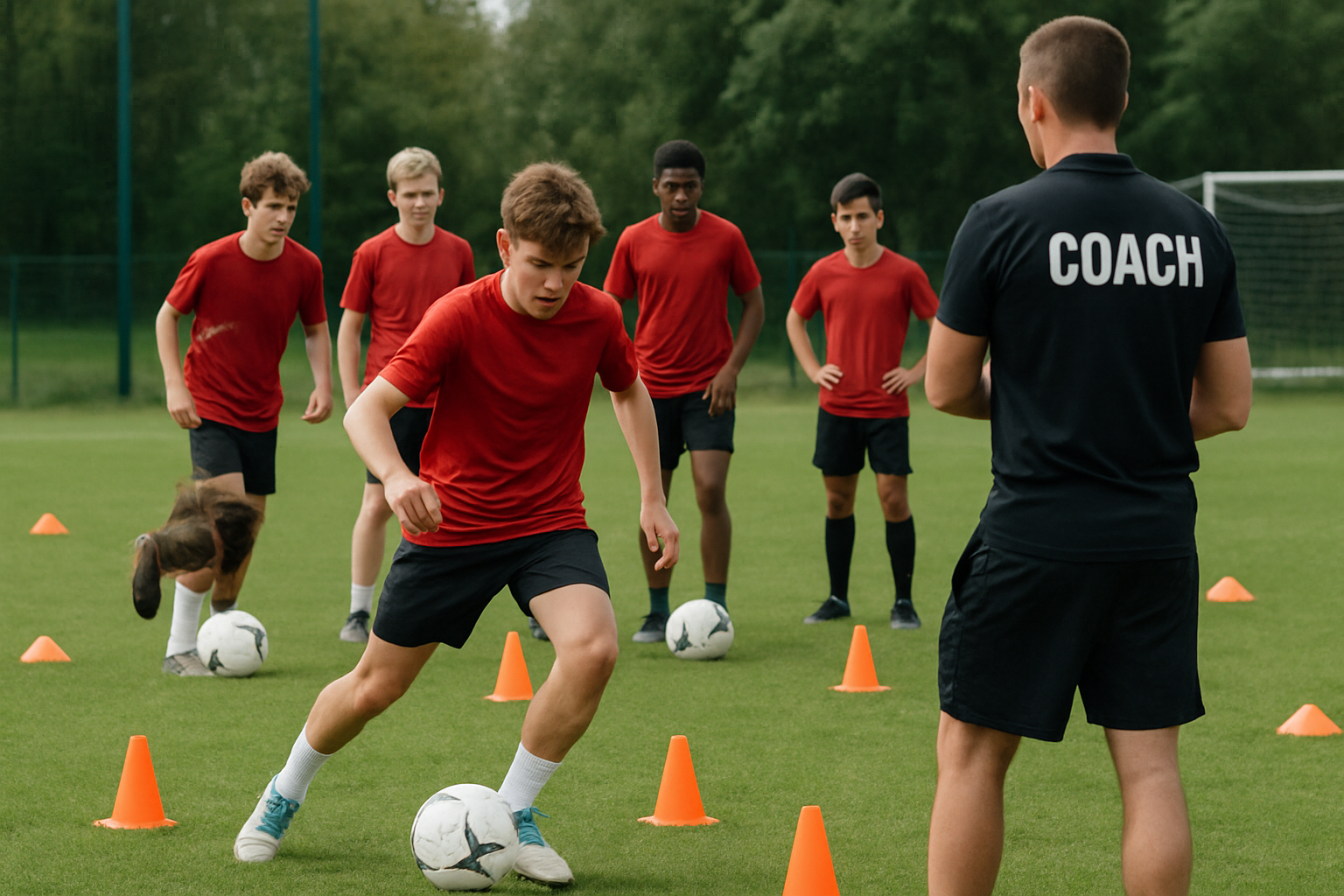 Youth players during a football trial session showing concentration and effort
