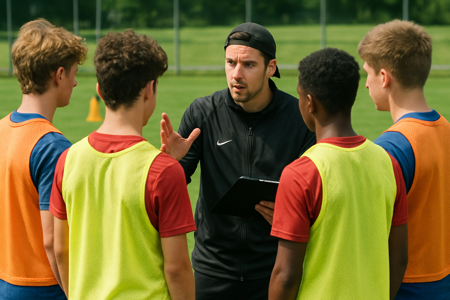 Coach providing feedback to young players during a structured training session