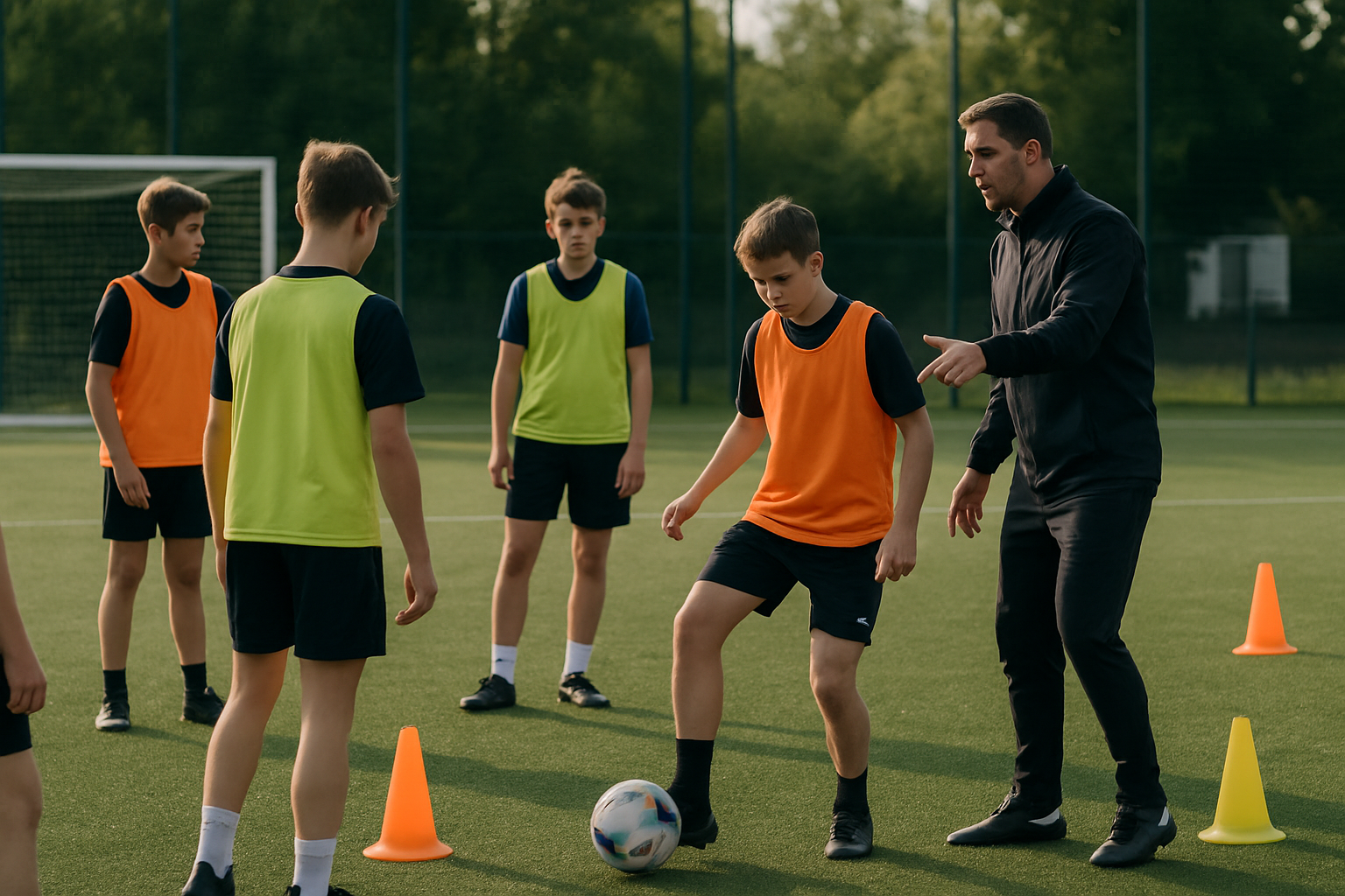Youth football coach leading a structured development session with teenage players focusing on decision-making and skills