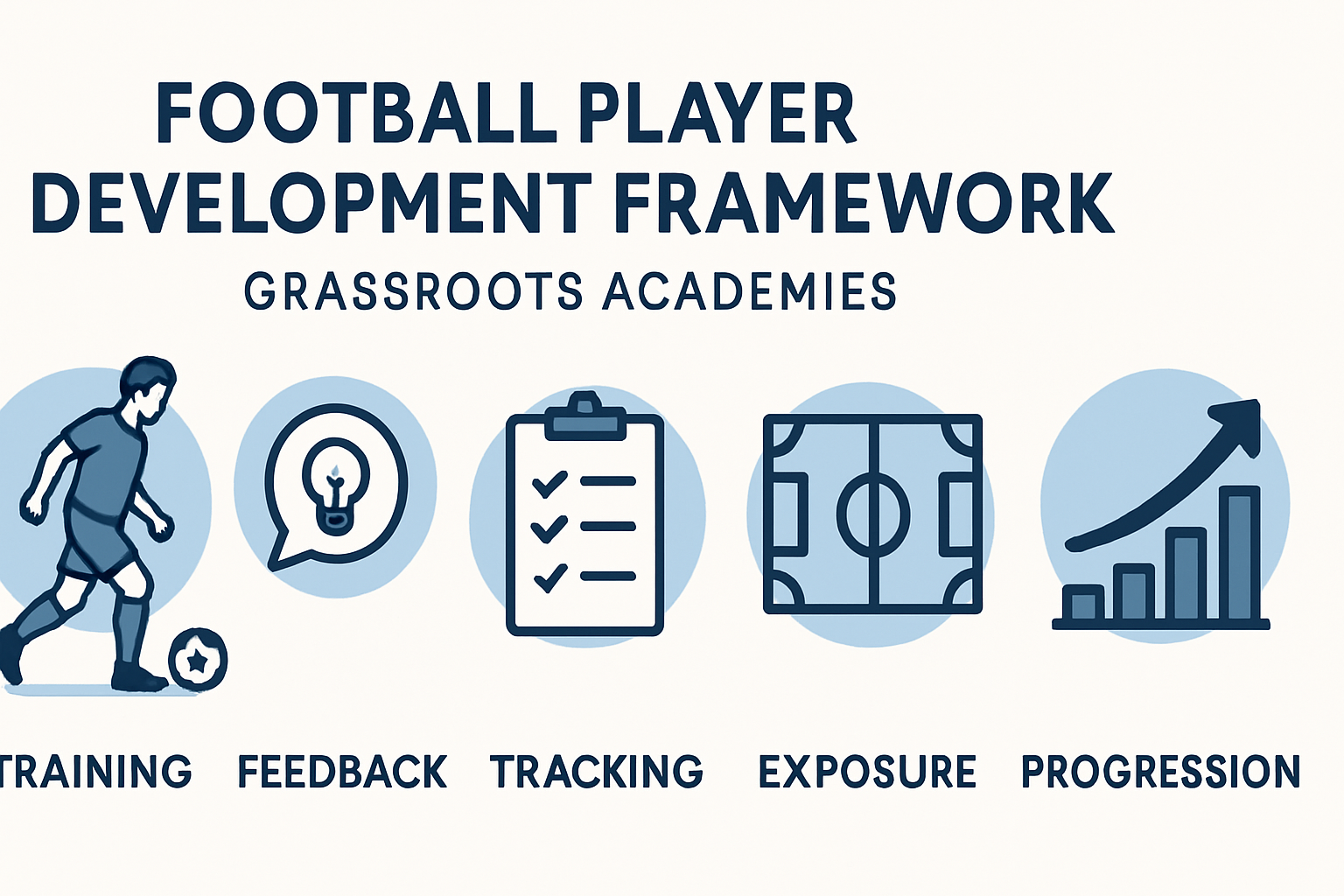 Infographic showing the Football Development Framework: Training, Feedback, Tracking, Exposure, Progression