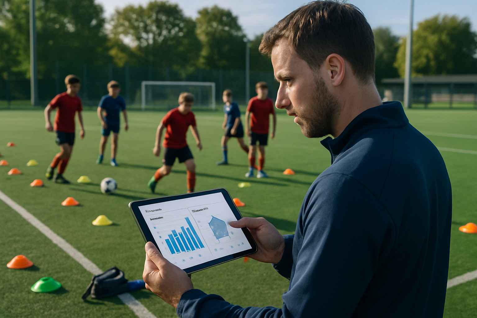 youth sports academy coach reviewing player skill assessments on a tablet with players in background