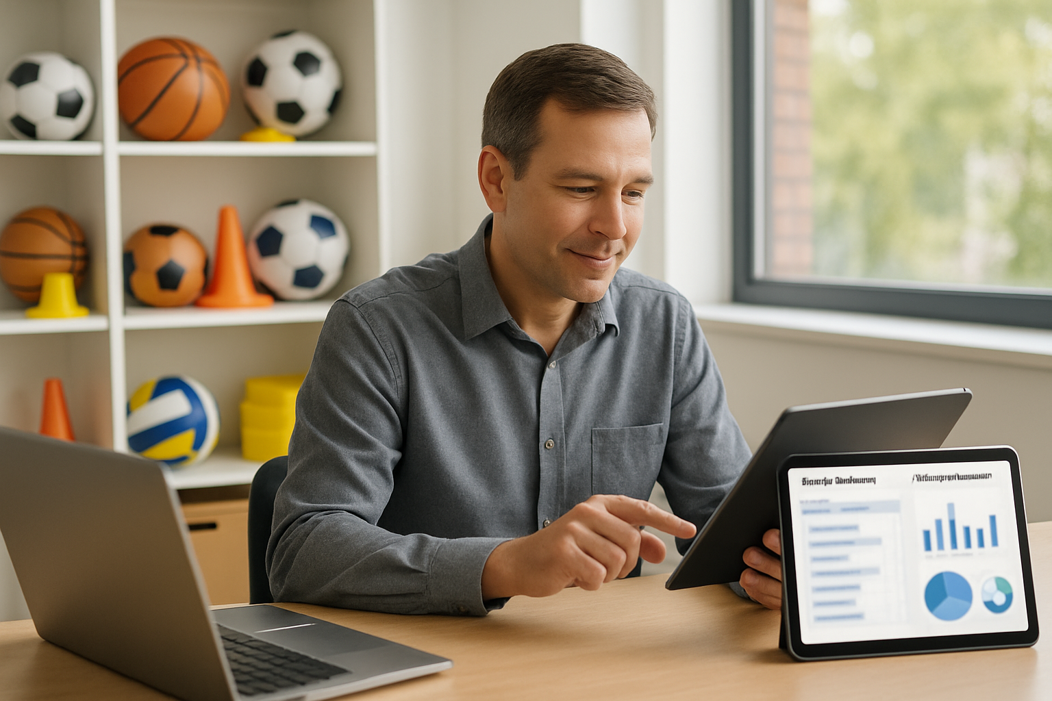 academy manager using a laptop and tablet to manage attendance and player reports in a modern sports facility