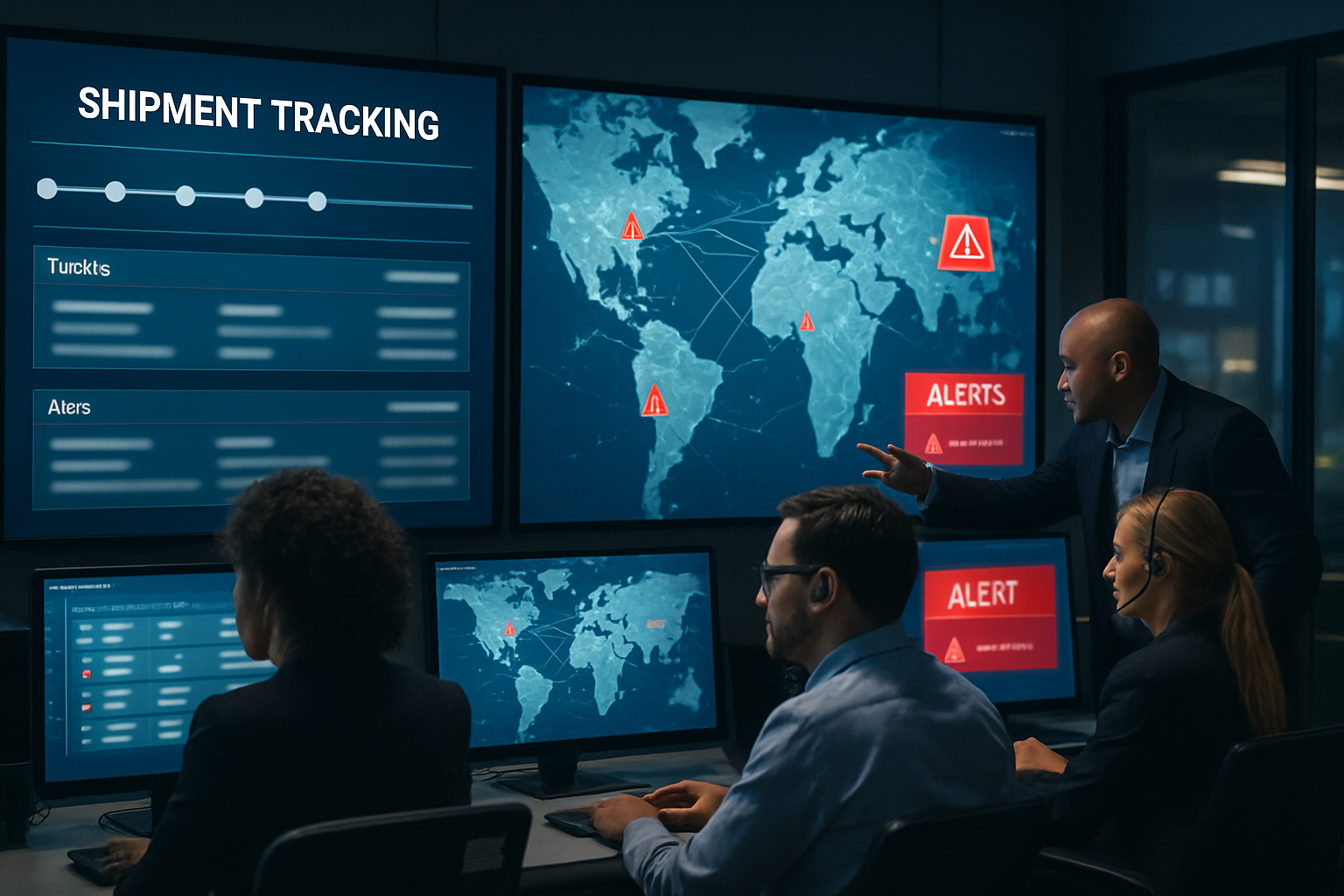 Operations team monitoring shipment tracking alerts on multiple screens in a logistics control room