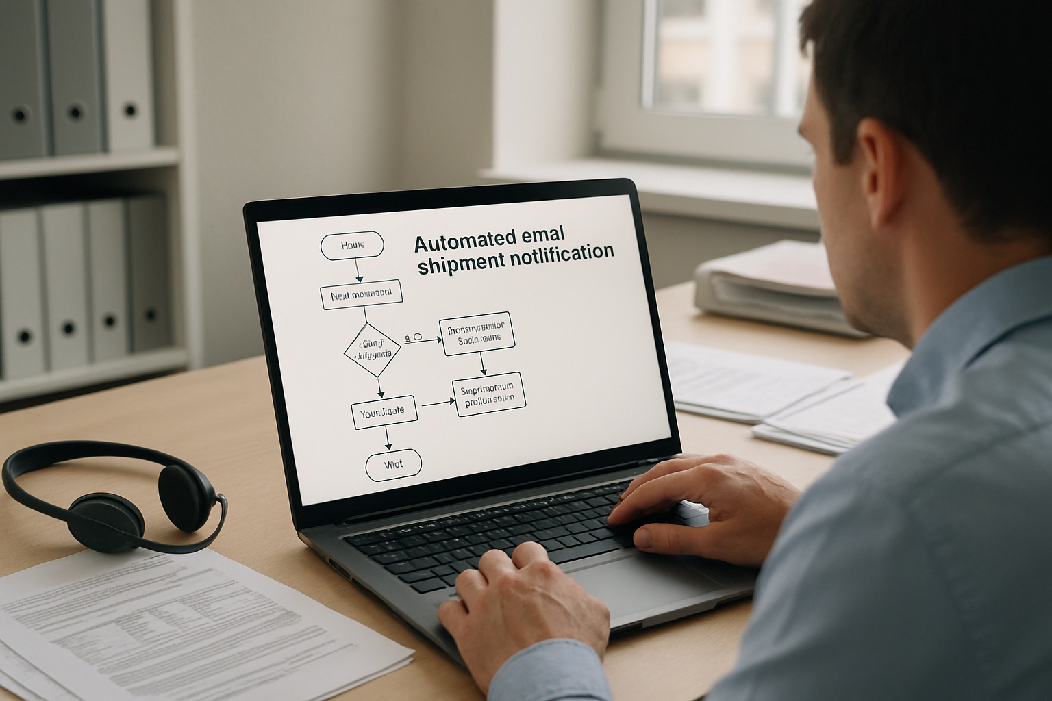 Logistics manager reviewing automated email shipment notification workflow on a laptop