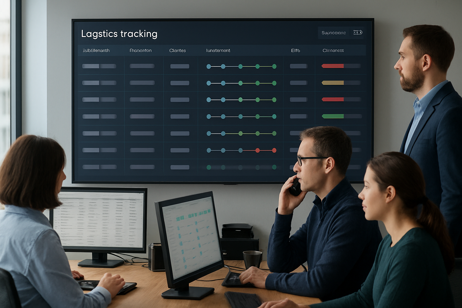 operations team using container tracking software dashboard displaying shipment milestones and ETAs