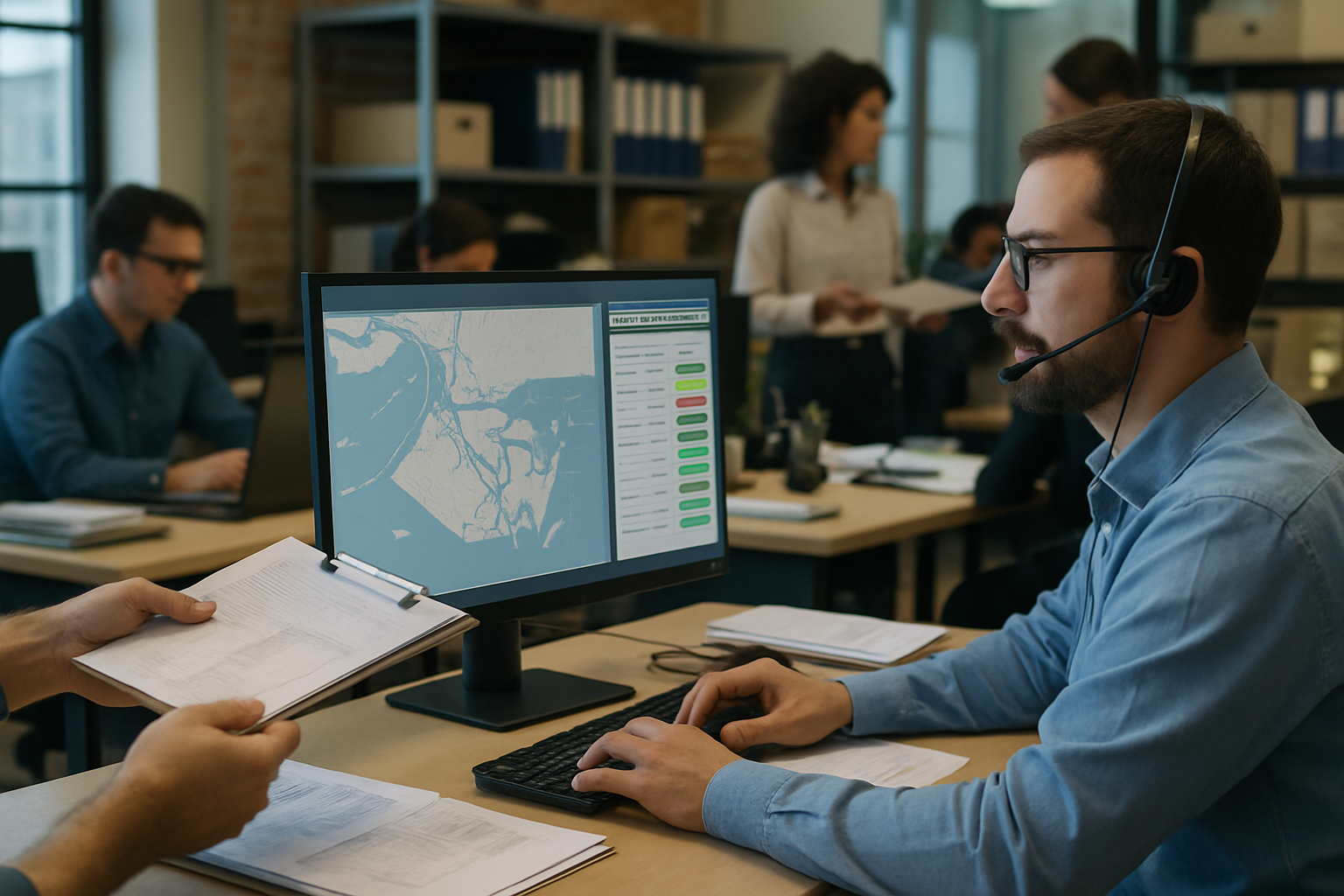 logistics professional coordinating exception handling using container tracking software with document handoff