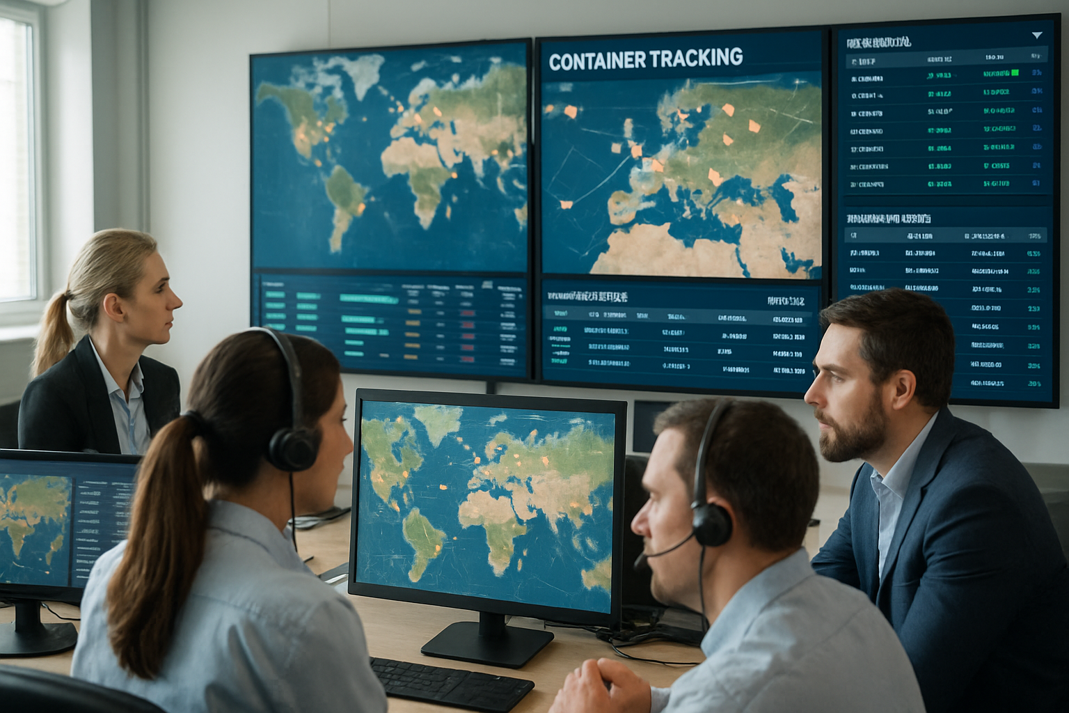 logistics operations team monitoring real-time container tracking in a modern control room