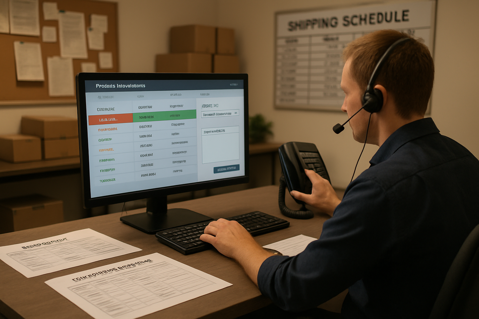 Logistics coordinator using freight management software for exception handling and customer communication