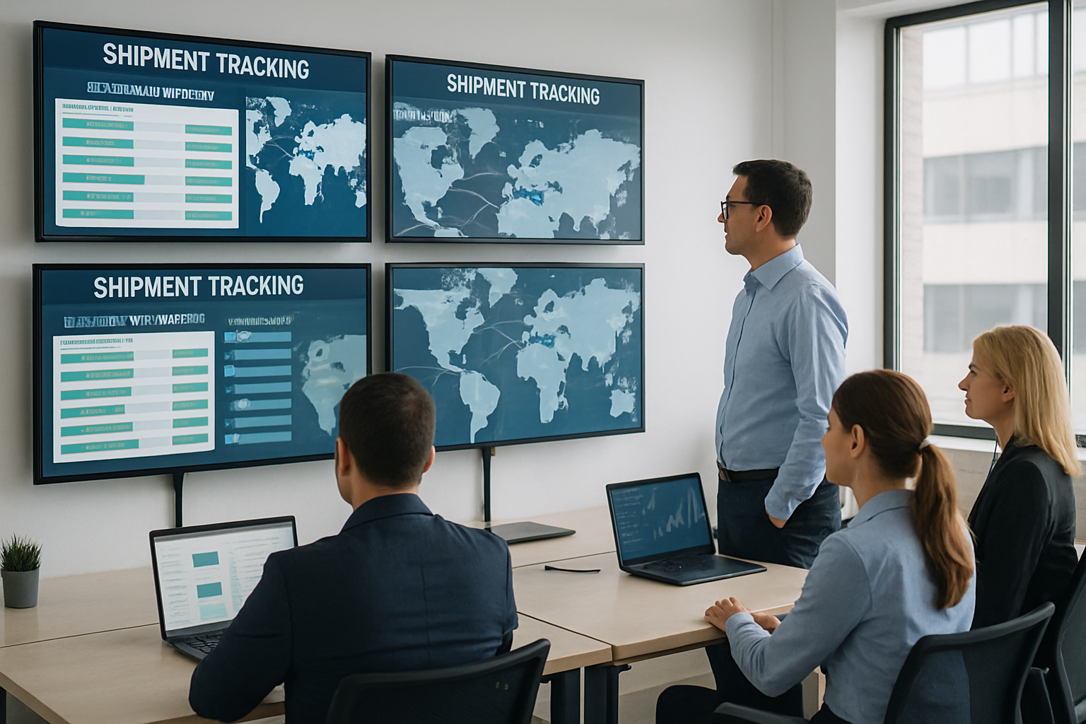 Freight operations team monitoring shipment status with both bill of lading and container tracking displayed on multiple screens