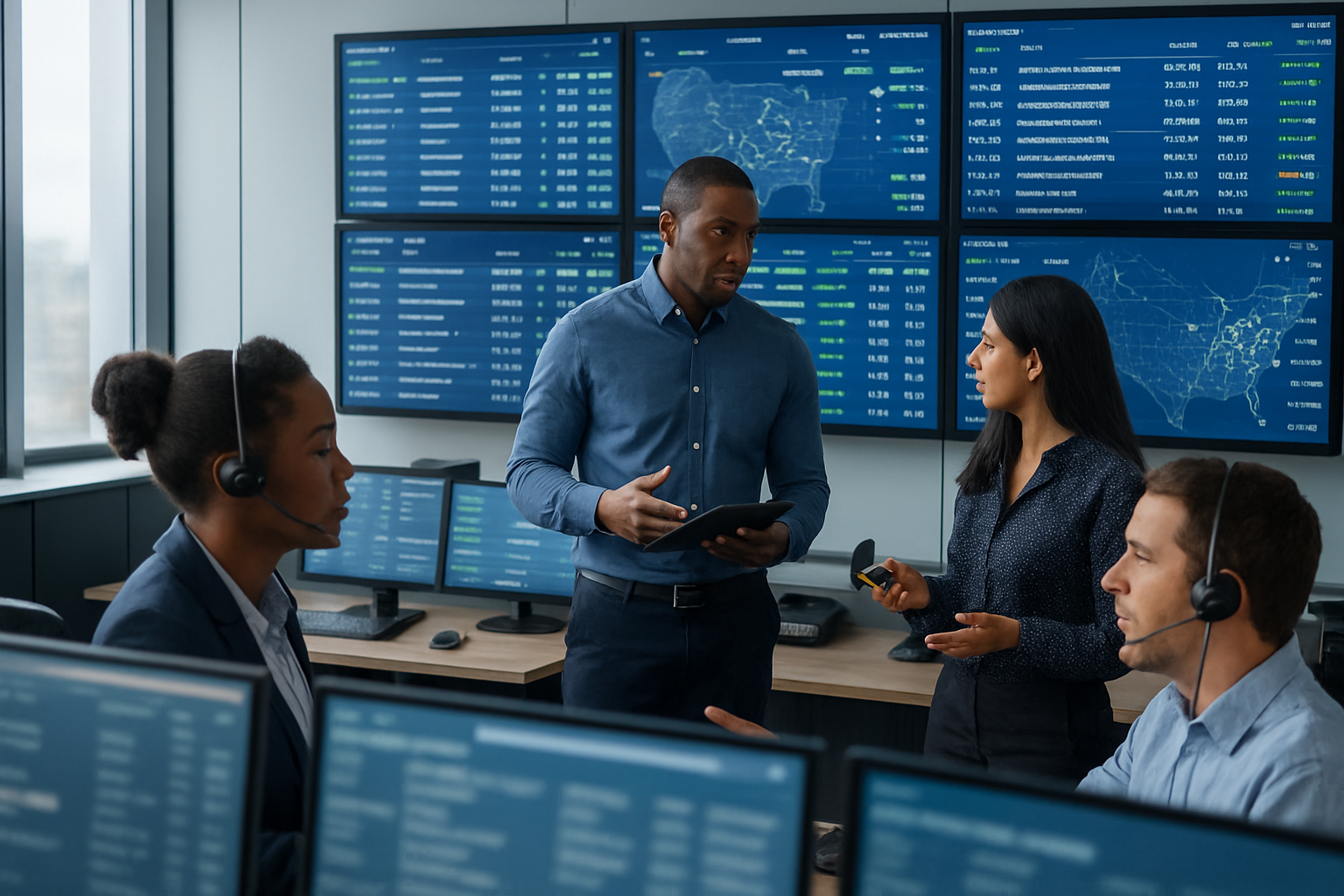 Operations team in a control room viewing multiple carrier tracking data streams on large screens