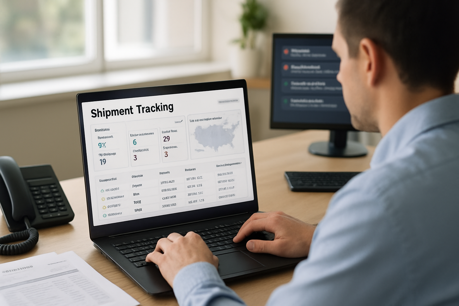 Freight forwarder working with a unified shipment tracking dashboard and notifications on a laptop