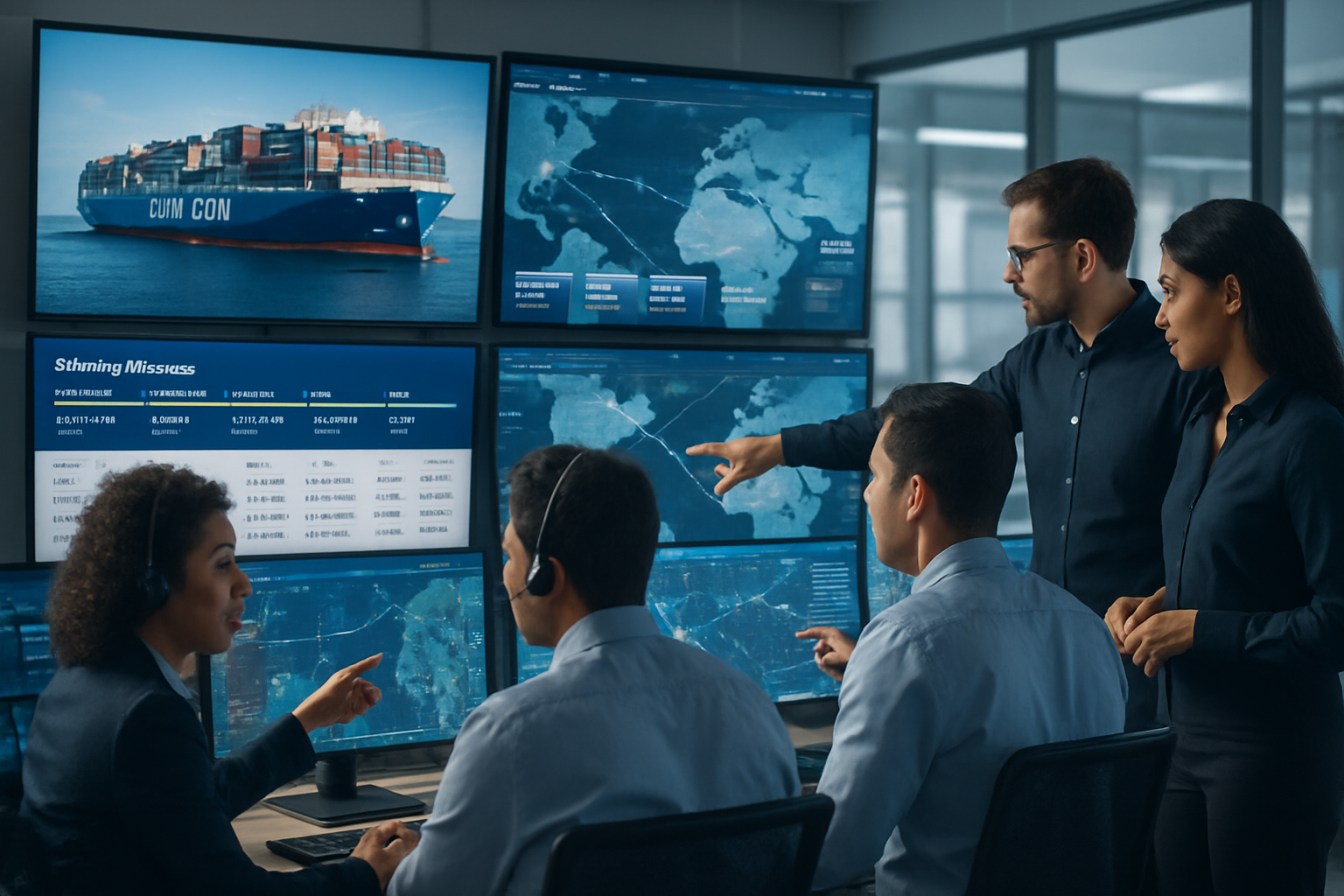 Operations team monitoring CMA CGM container tracking on multiple screens in a logistics control room