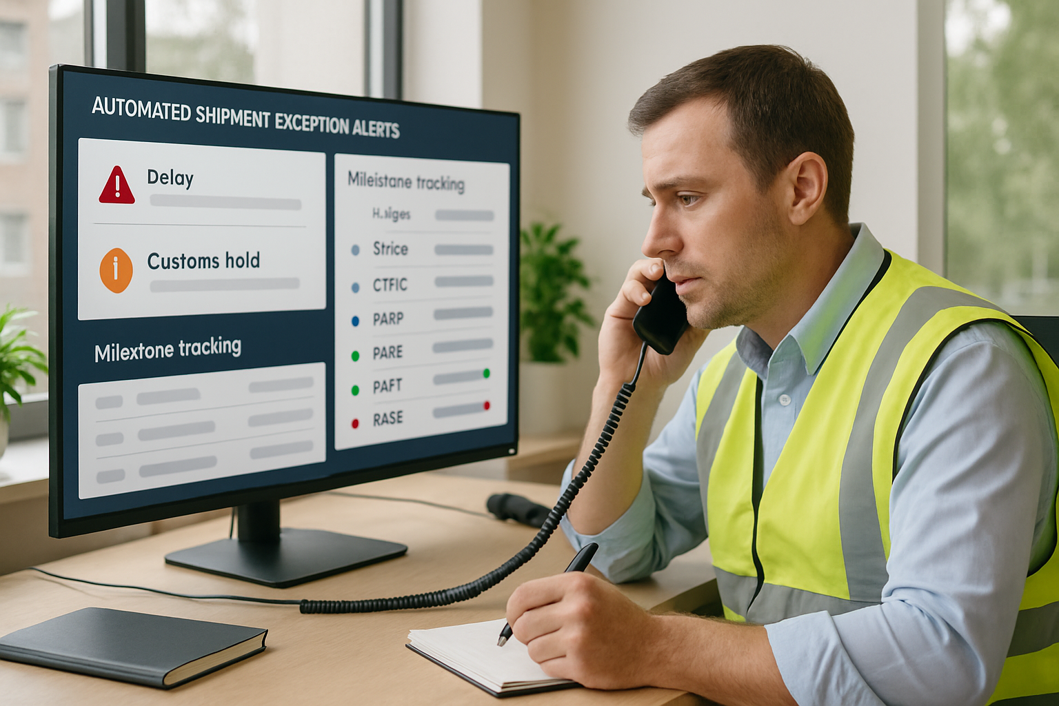 Logistics manager reviewing an automated exception dashboard showing container delays and milestone alerts