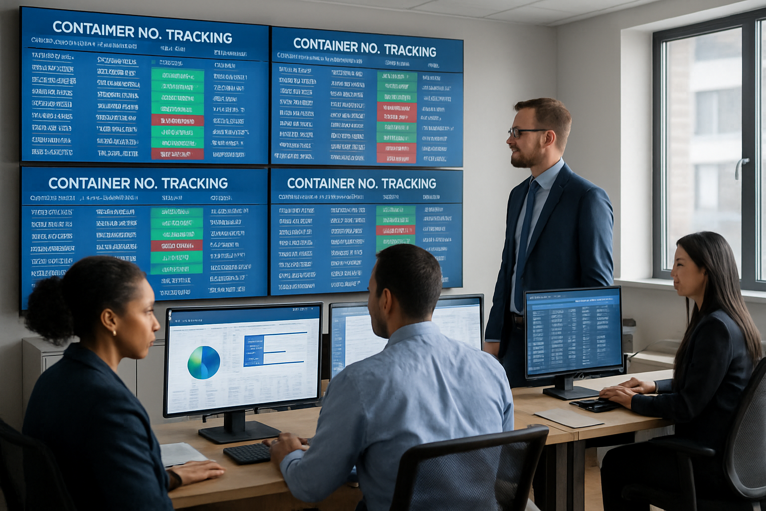 Logistics team monitoring container number tracking on multiple screens