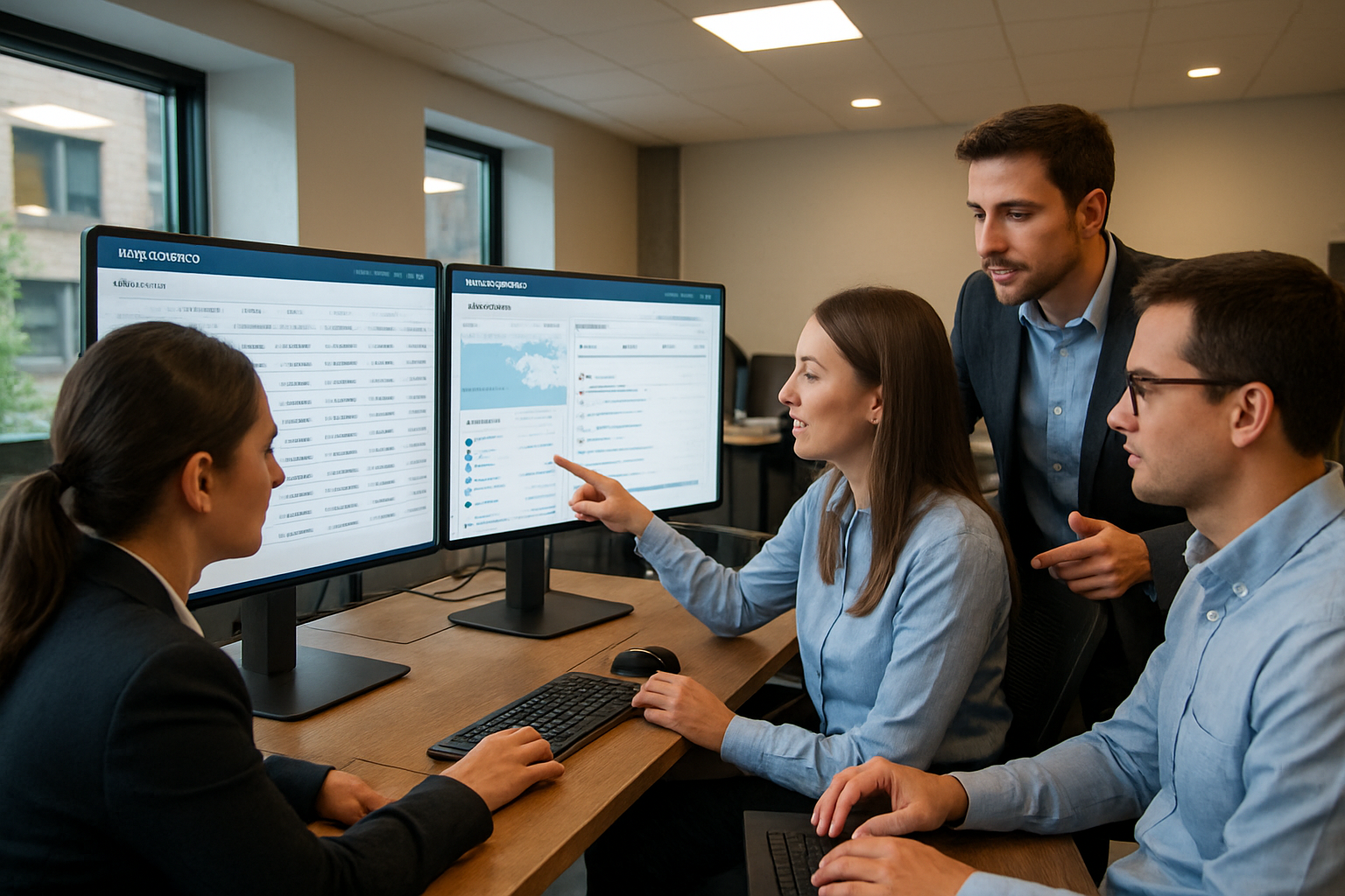 Operations team coordinating with clients using a digital customer portal for freight forwarding