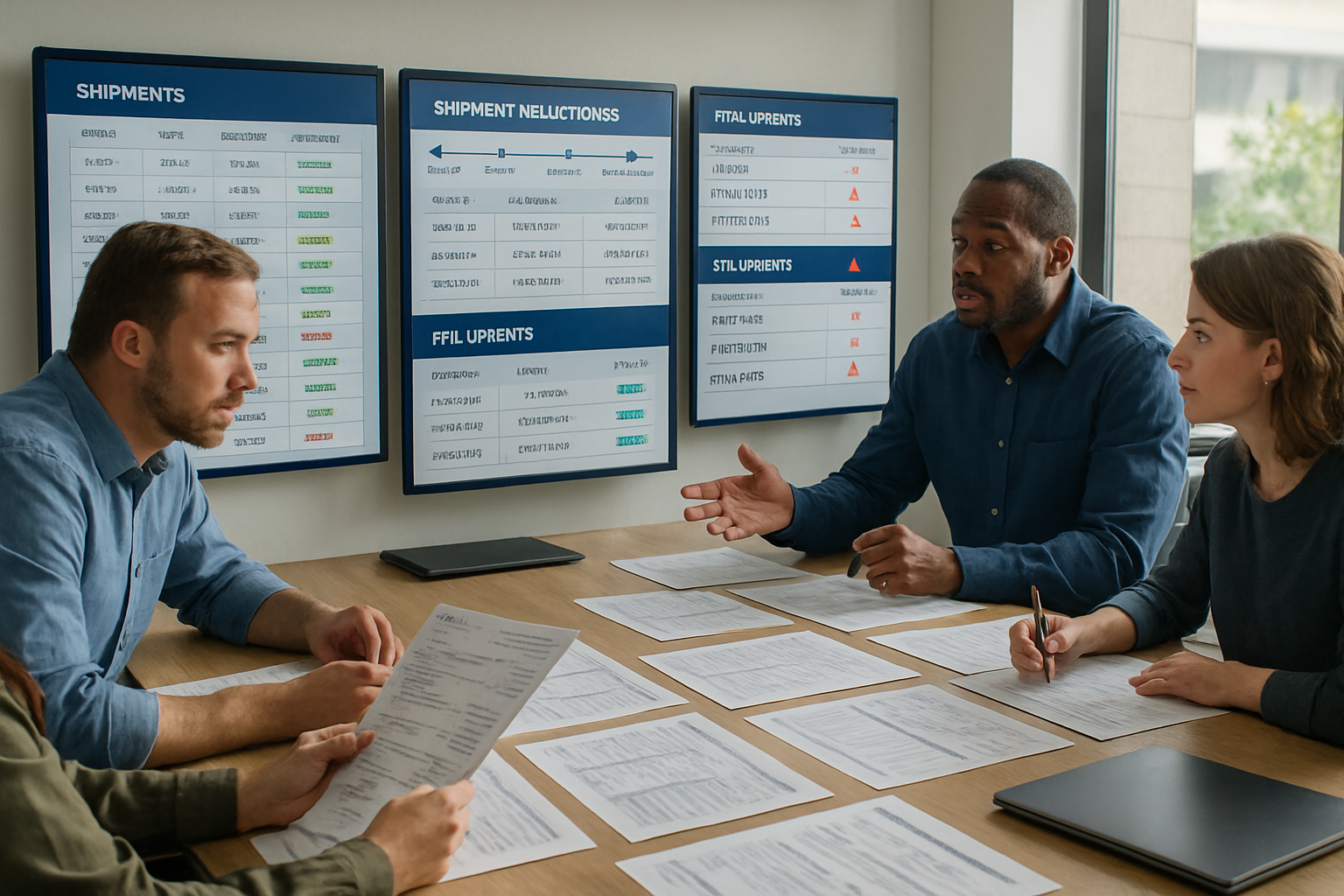Freight operations team collaborating on daily shipment status report with logistics dashboards and shipment details