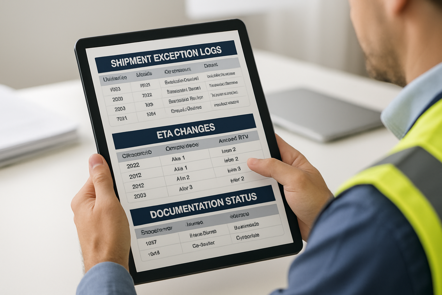 Close-up of a freight forwarder reviewing shipment exception logs and documentation status on a digital tablet in office