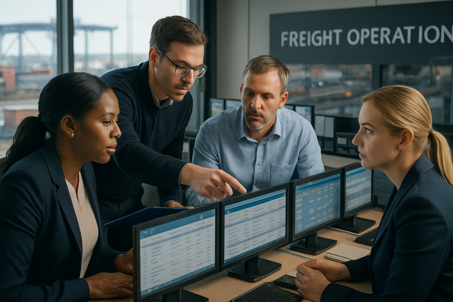 logistics team reviewing shipment data accuracy in a control room