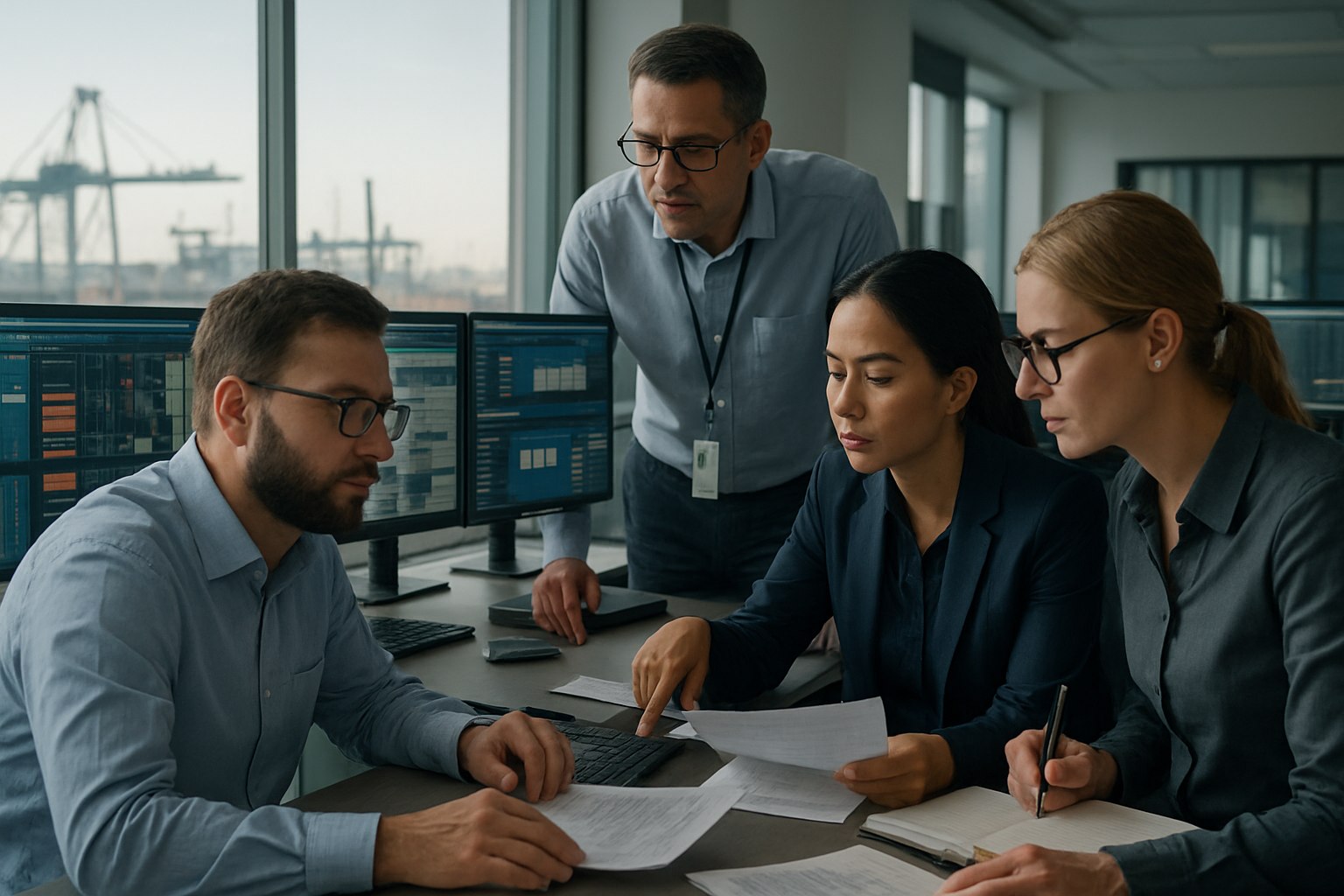 Logistics team analyzing shipment exceptions in operations center
