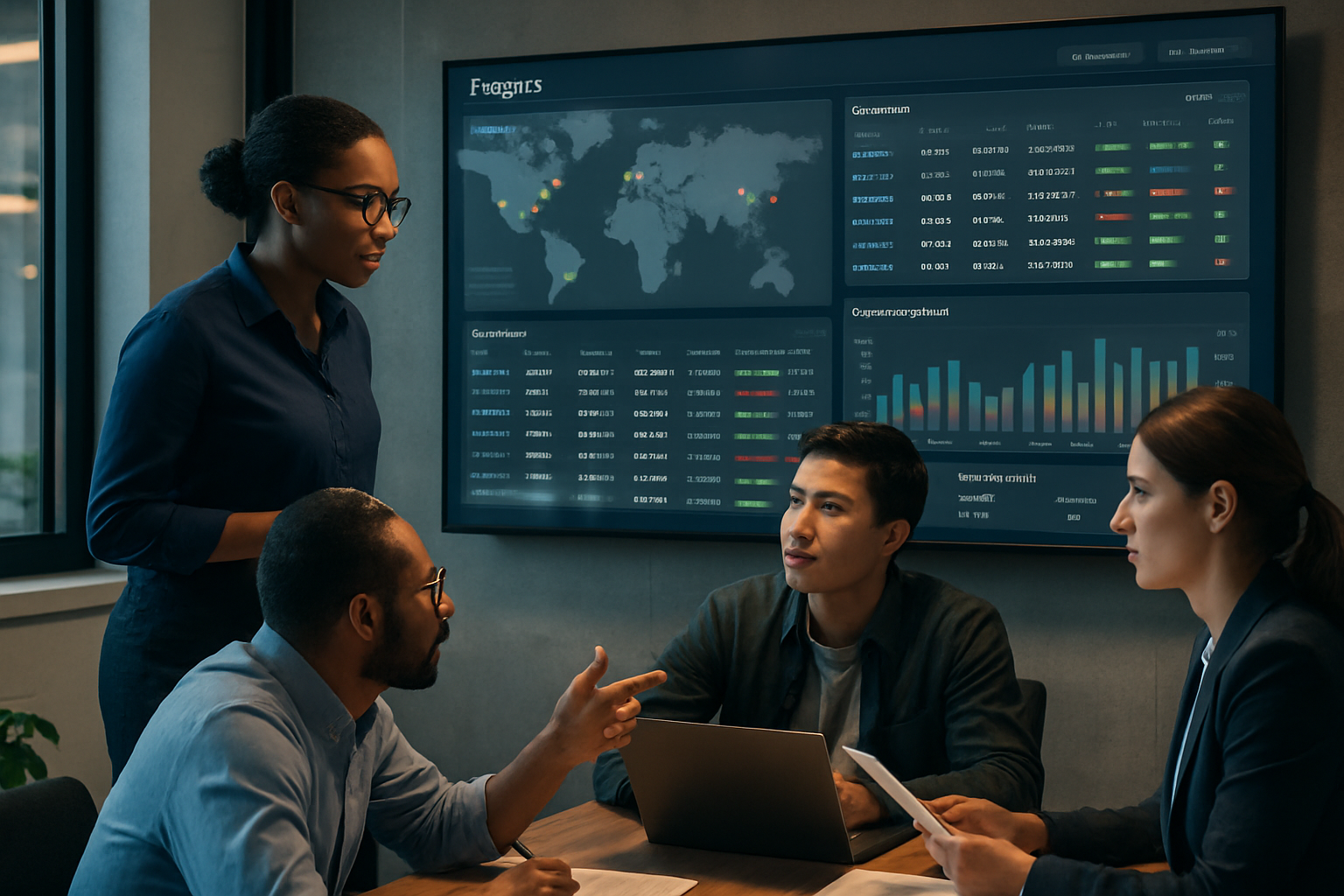Logistics team using a digital freight forwarding platform interface for centralized shipment tracking and vendor coordination in an office environment