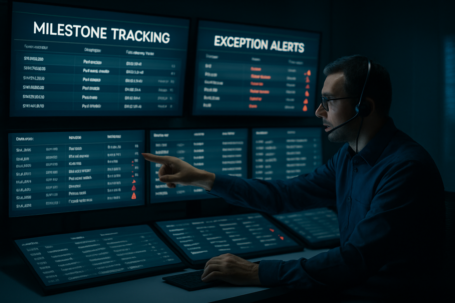Freight operations manager analyzing shipment exceptions and milestone tracking on a digital platform in a control tower setting