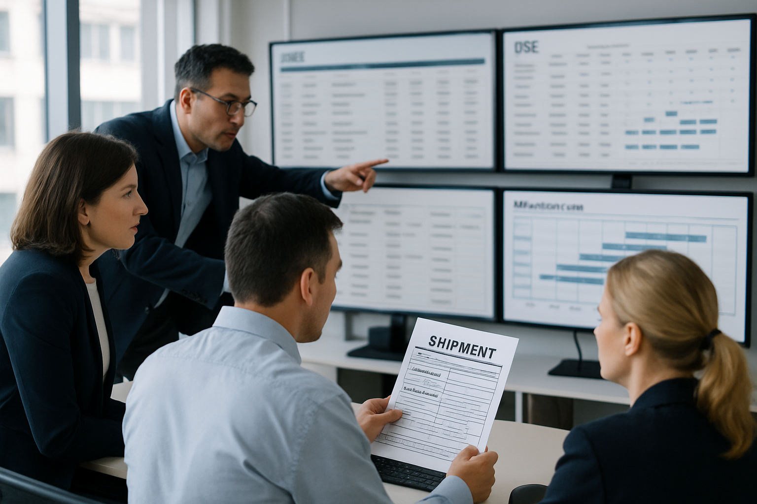 Operations team working with shipment status and documentation tracking for international freight