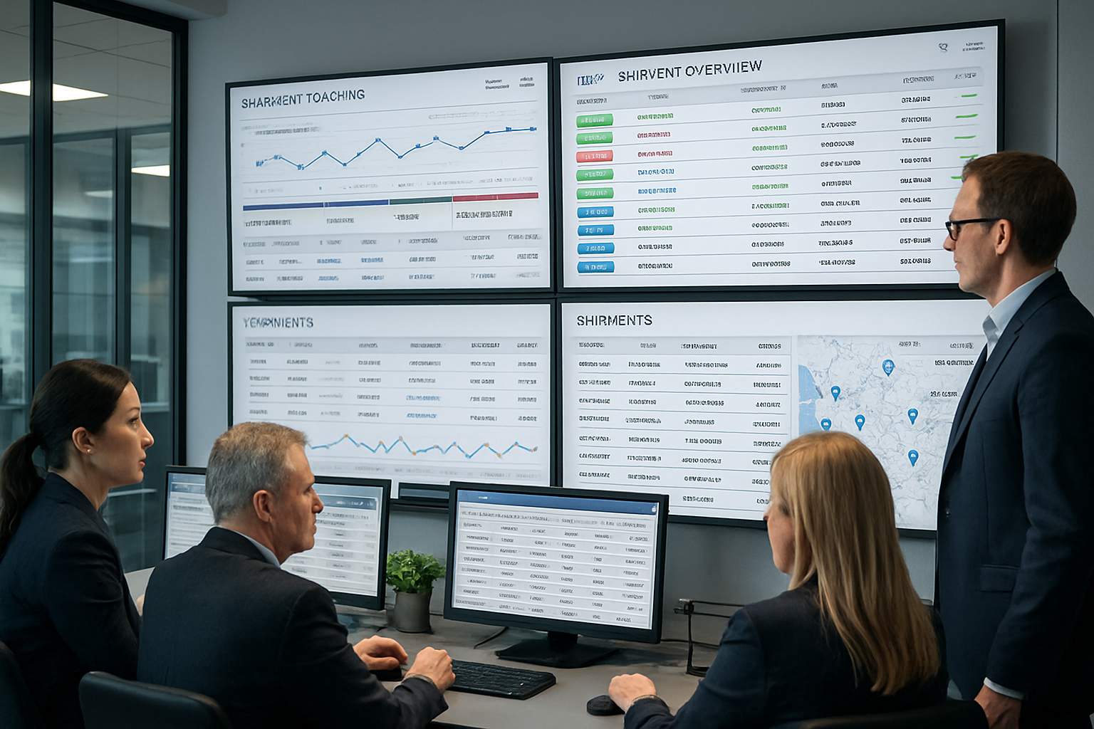 Logistics team monitoring shipment tracking through ERP integration on multiple screens