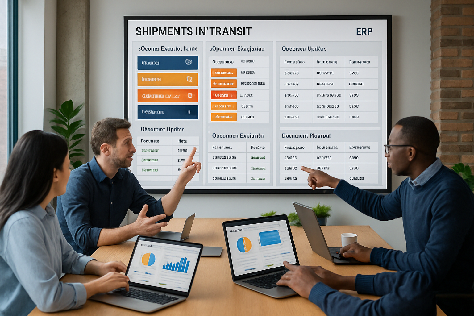 Operations team coordinating exception handling and documentation workflow using ERP dashboards