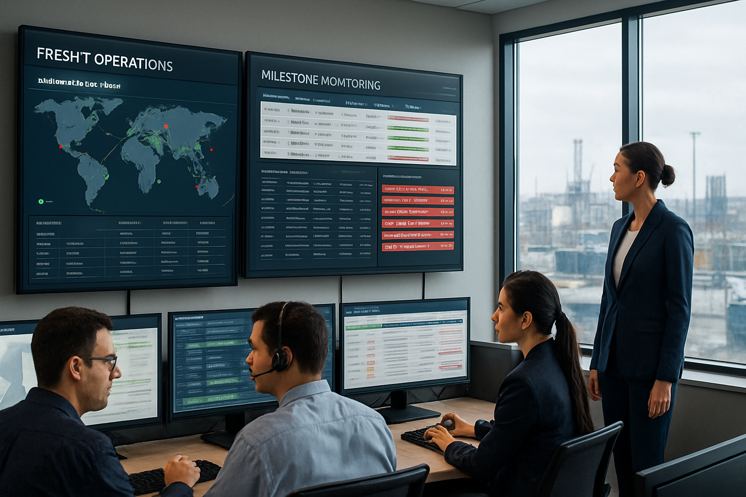 Freight operations control tower with team reviewing milestone exceptions on shipment tracking dashboards