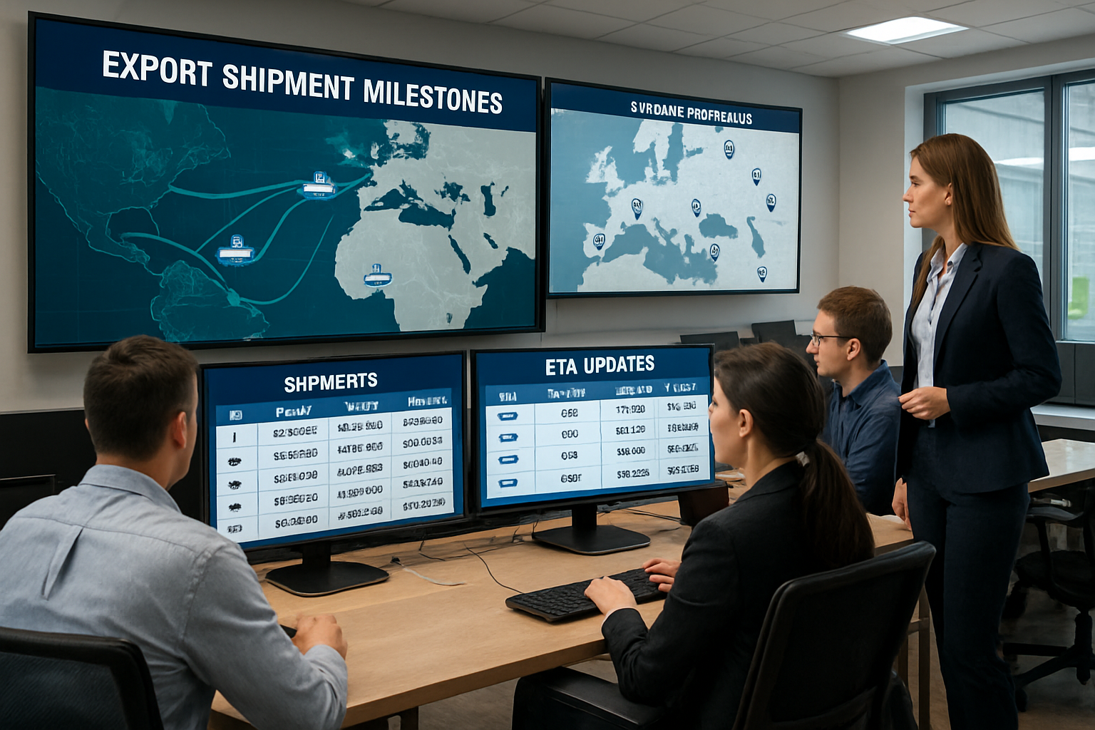export shipment tracking control room with logistics professionals monitoring multiple shipment milestones on screens