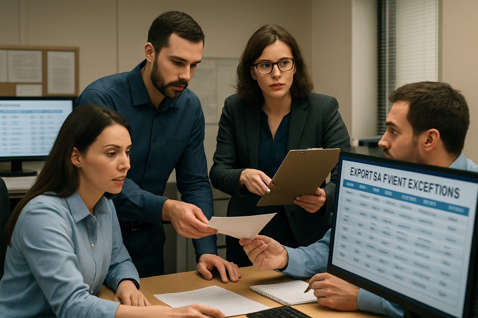 operations team reviewing an export shipment exception and preparing a customer update in a freight management office