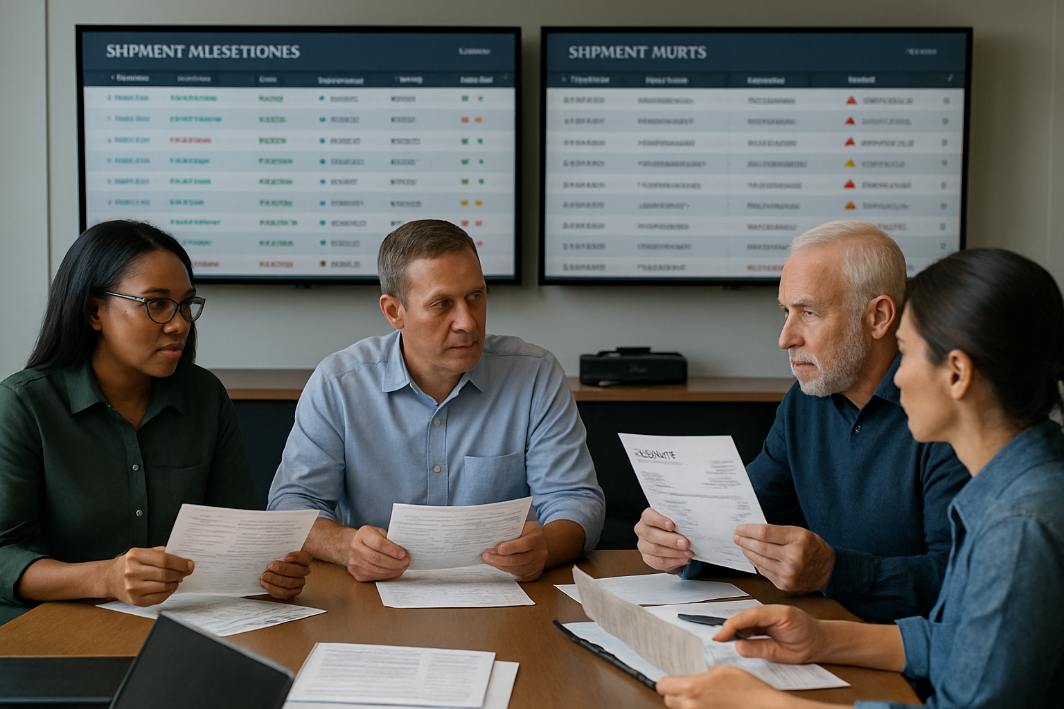 Logistics operations team reviewing shipment visibility data and invoice documents for freight audit