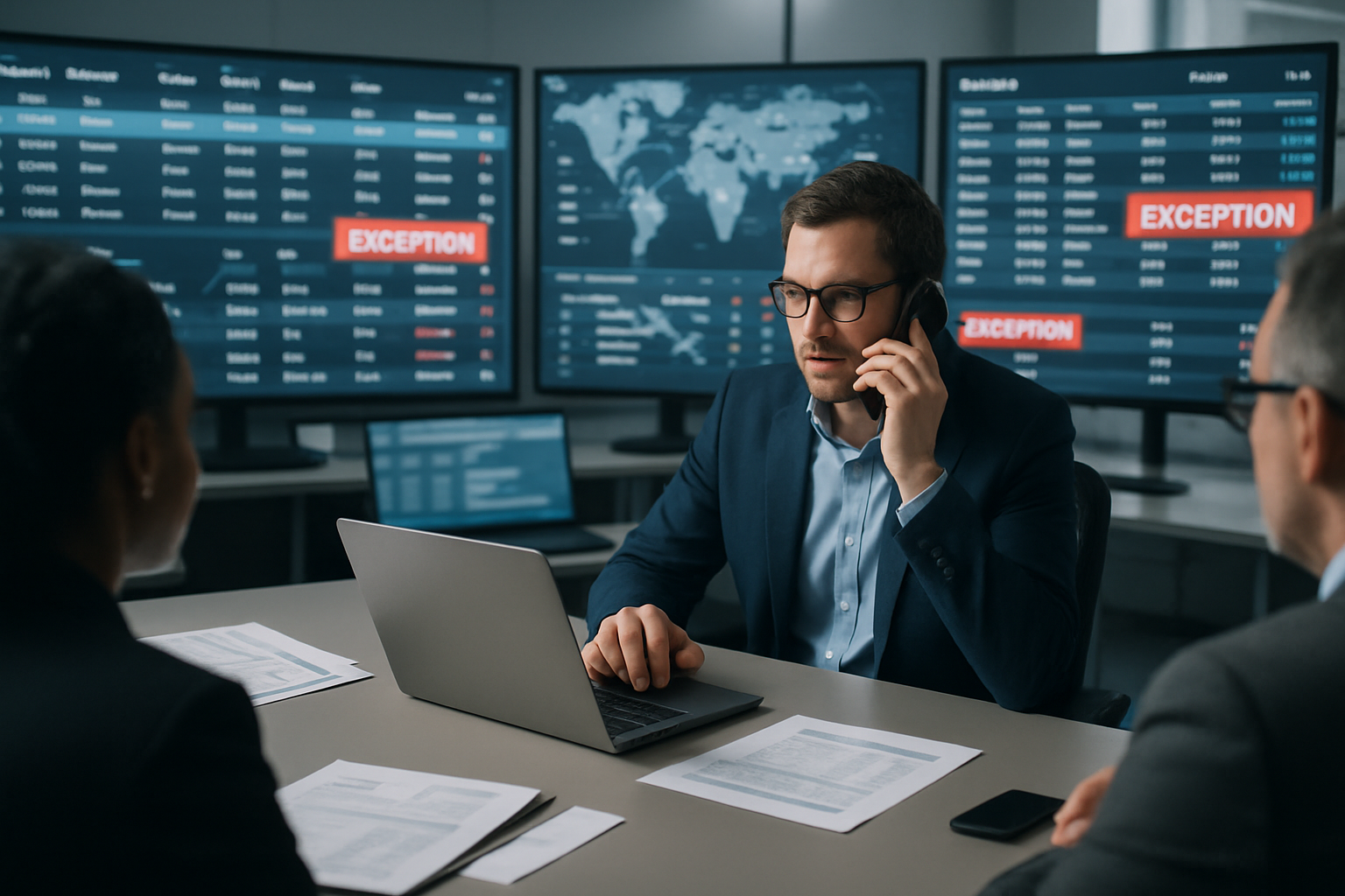 Operations manager coordinating with finance and procurement teams for invoice dispute resolution