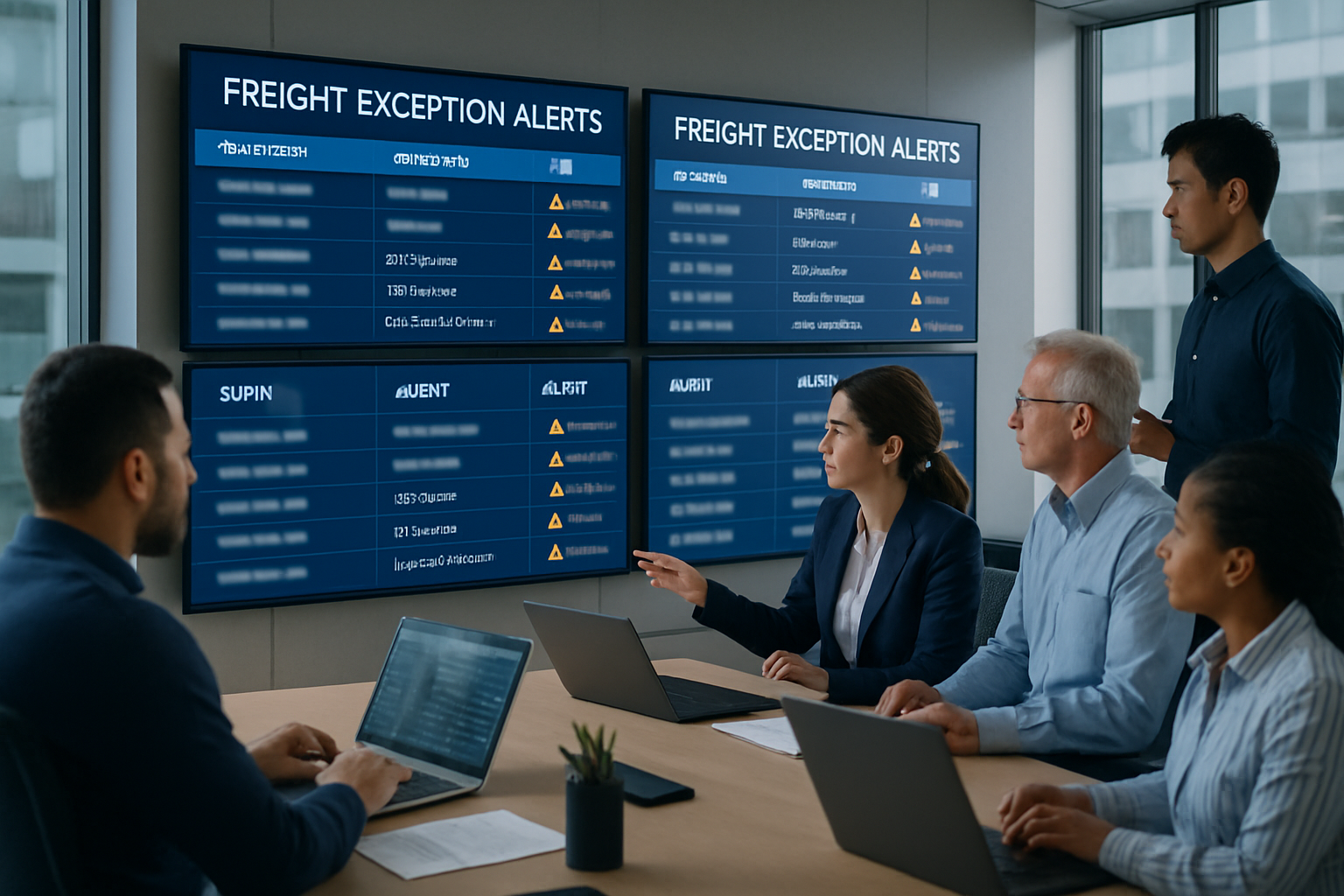 Logistics operations team reviewing freight exception alerts on multiple screens