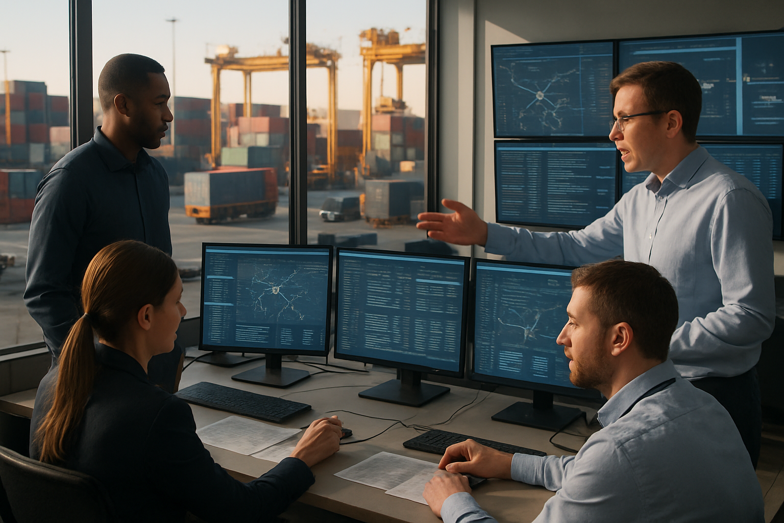 logistics team monitoring real-time shipment status in a freight operations control room